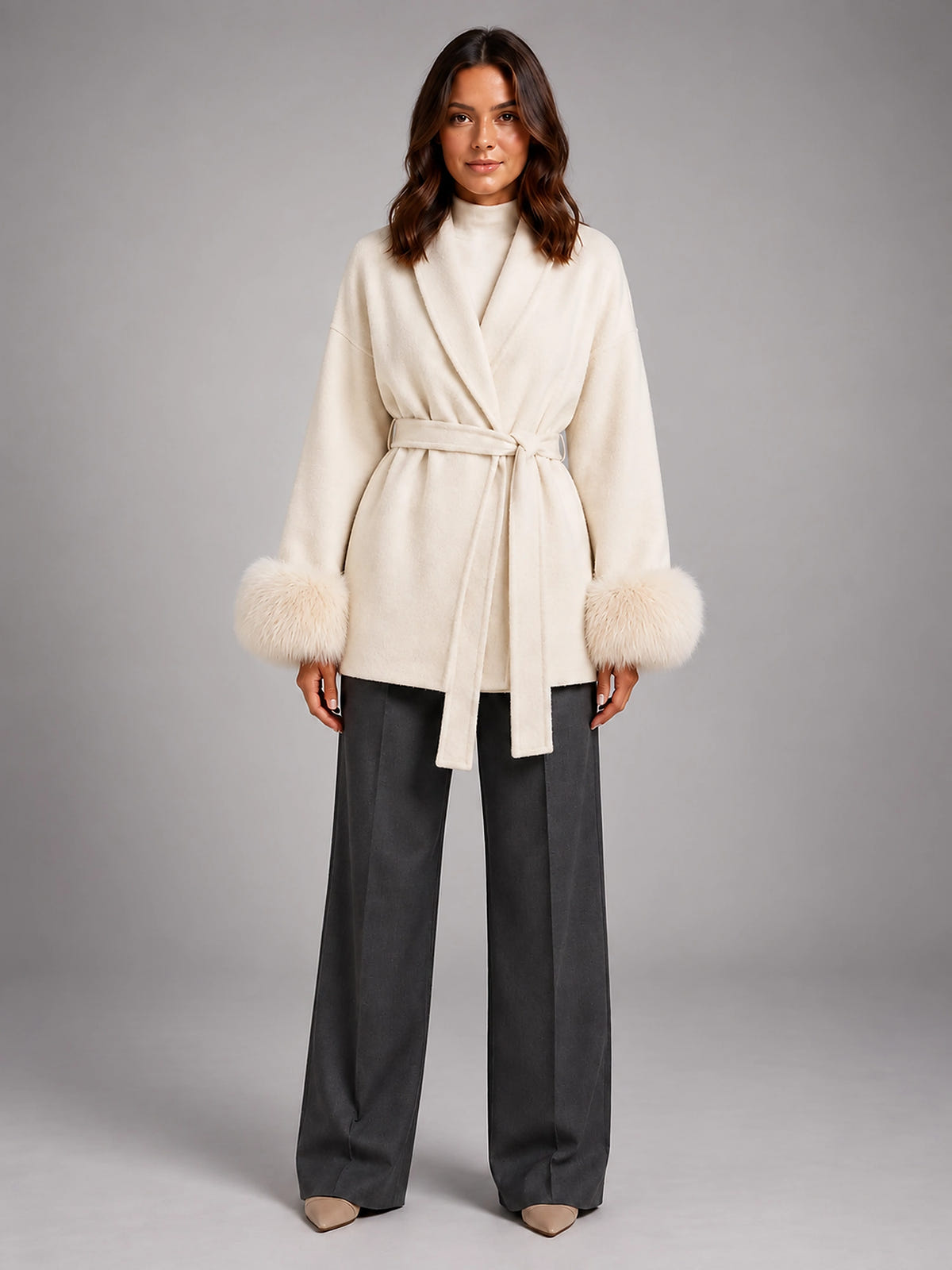 Women's Wool Blend Wrap Coat – Shawl Collar Faux Fur Cuffs - Cream