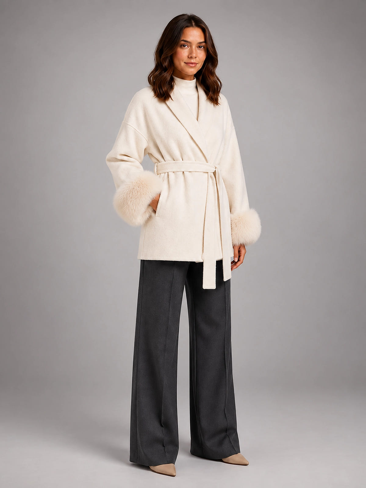 Women's Wool Blend Wrap Coat – Shawl Collar Faux Fur Cuffs - Cream