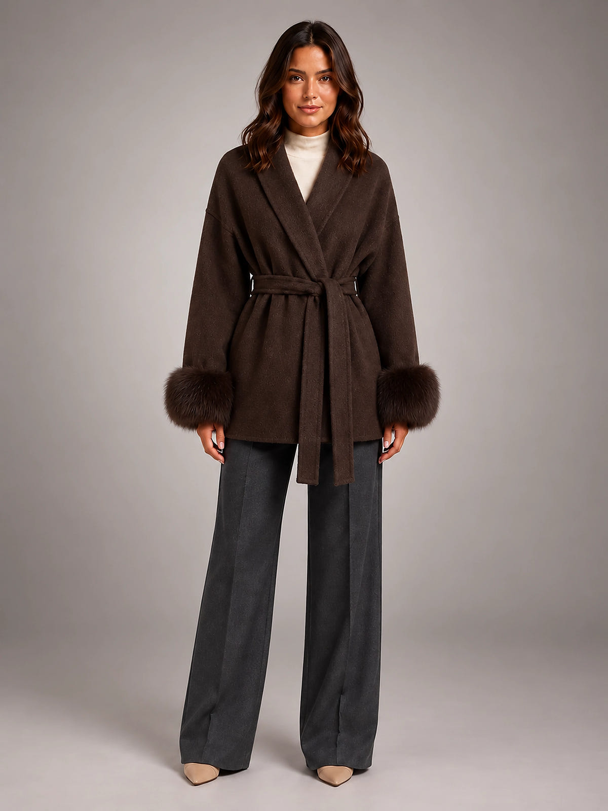 Women's Wool Blend Wrap Coat – Shawl Collar Faux Fur Cuffs - Brown