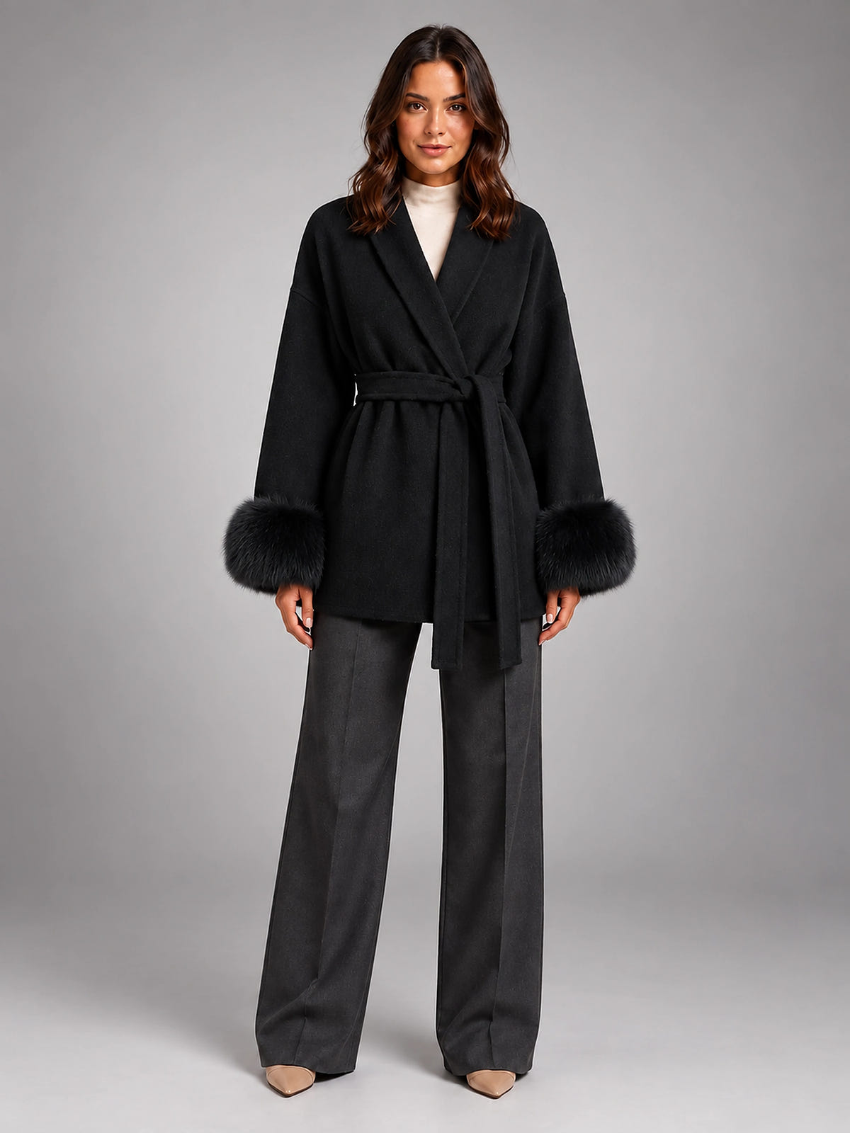 Women's Wool Blend Wrap Coat – Shawl Collar Faux Fur Cuffs - Black