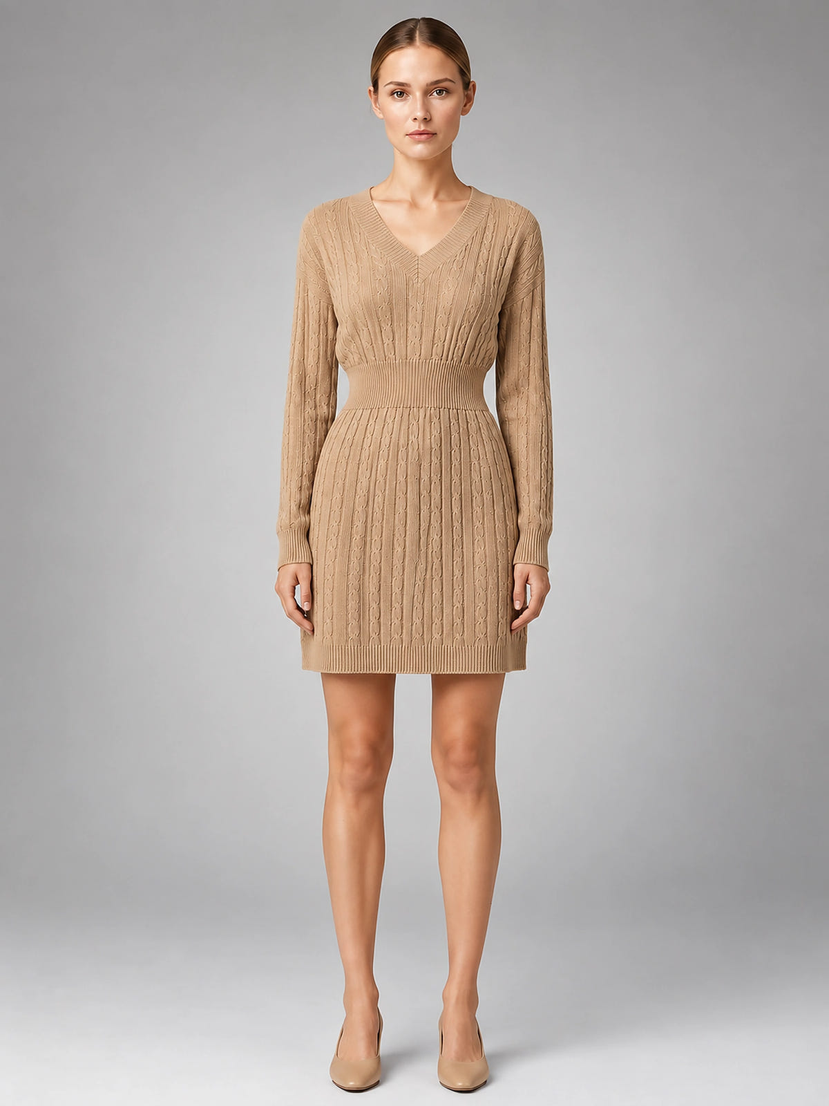 Women's Cable Knit Midi Dress – Shirred Waist V Neckline - Khaki
