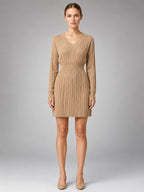 Women's Cable Knit Midi Dress – Shirred Waist V Neckline - Khaki