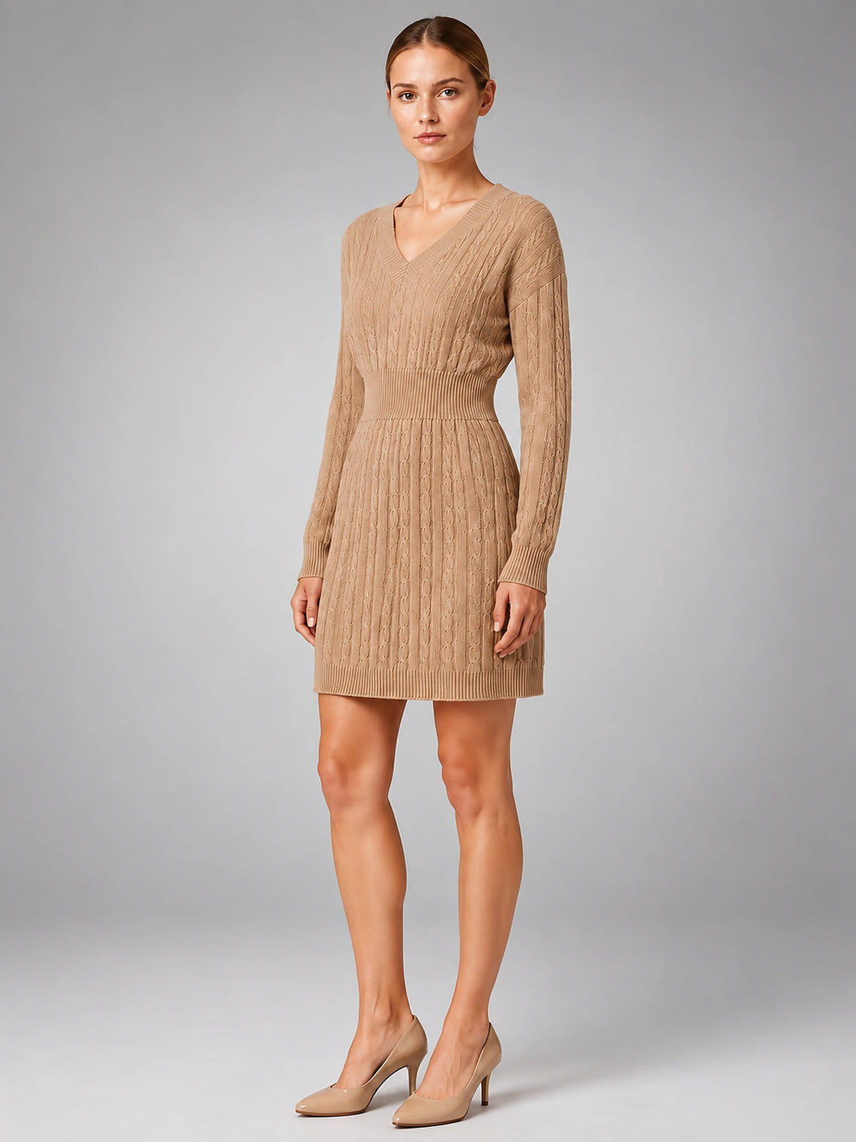 Women's Cable Knit Midi Dress – Shirred Waist V Neckline - Khaki