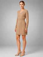 Women's Cable Knit Midi Dress – Shirred Waist V Neckline - Khaki