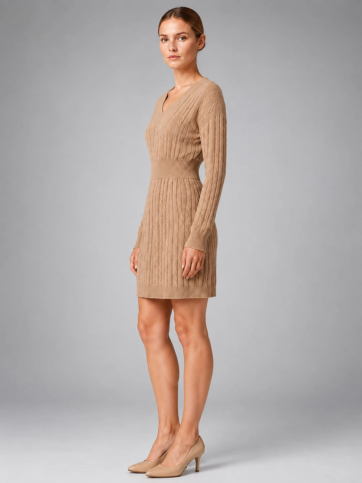 Women's Cable Knit Midi Dress – Shirred Waist V Neckline - Khaki