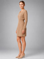 Women's Cable Knit Midi Dress – Shirred Waist V Neckline - Khaki