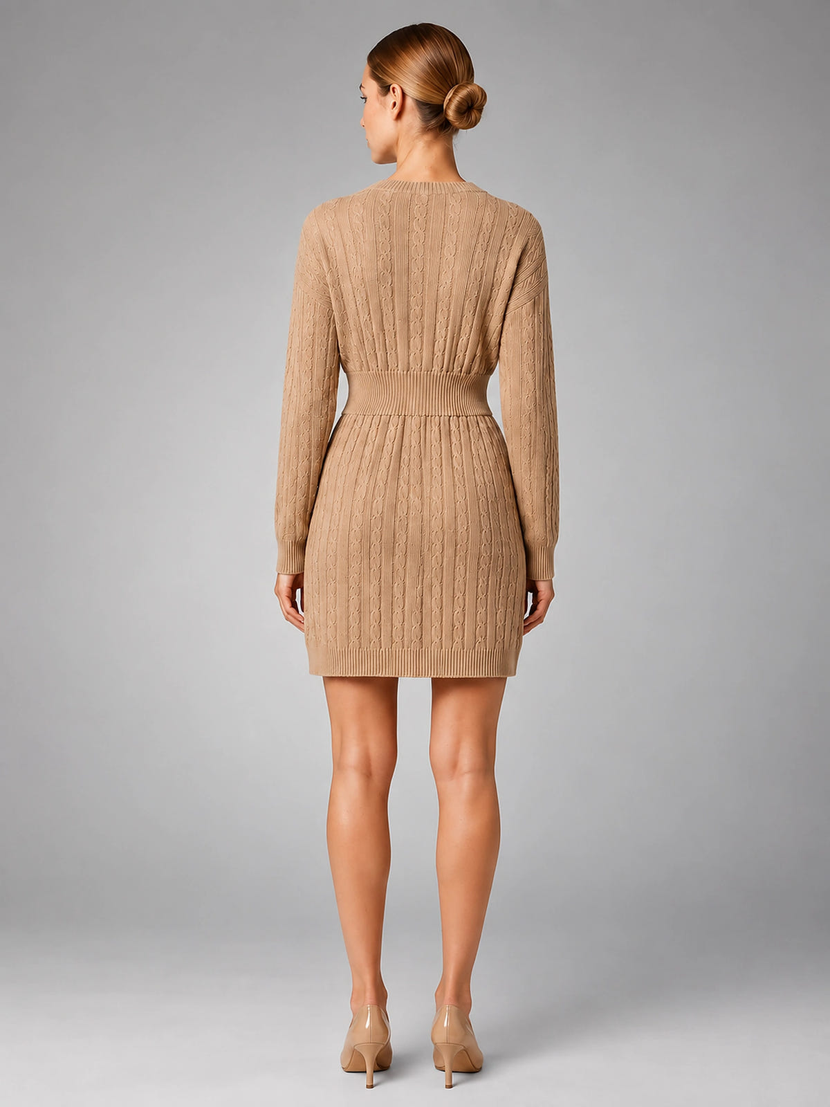 Women's Cable Knit Midi Dress – Shirred Waist V Neckline - Khaki
