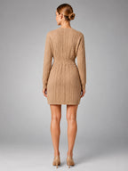 Women's Cable Knit Midi Dress – Shirred Waist V Neckline - Khaki