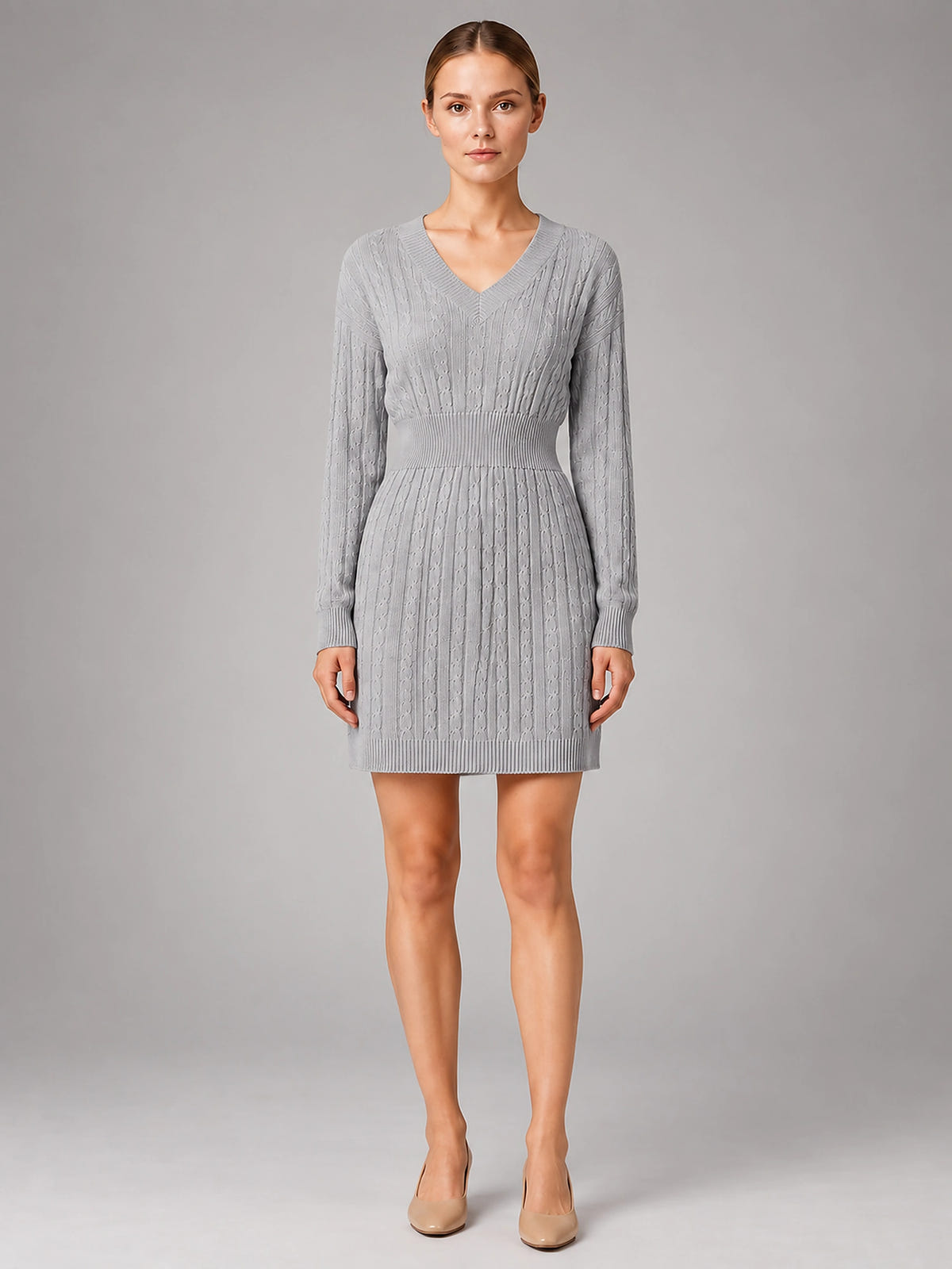 Women's Cable Knit Midi Dress – Shirred Waist V Neckline - Gray