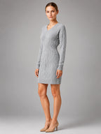 Women's Cable Knit Midi Dress – Shirred Waist V Neckline - Gray