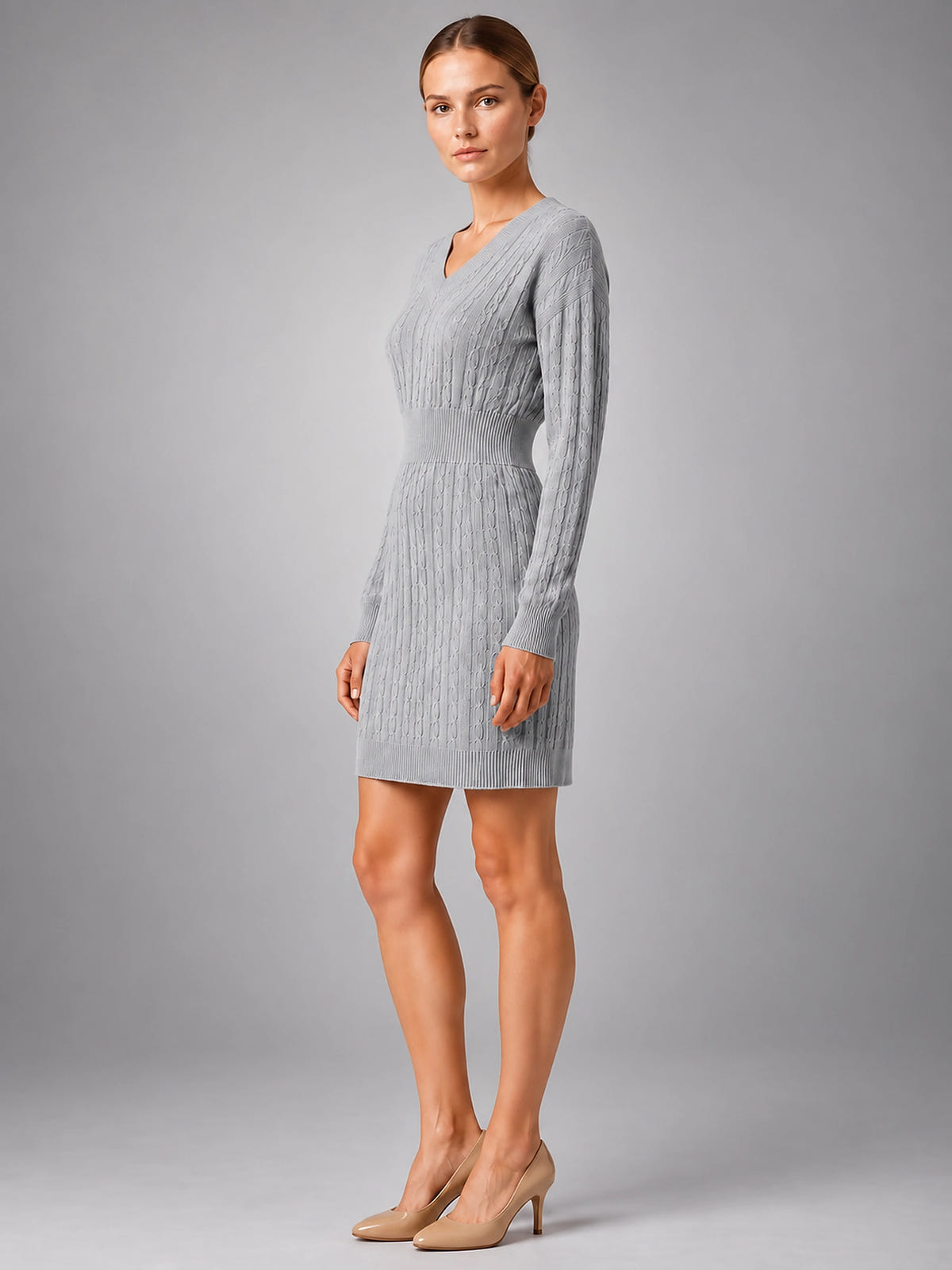 Women's Cable Knit Midi Dress – Shirred Waist V Neckline - Gray
