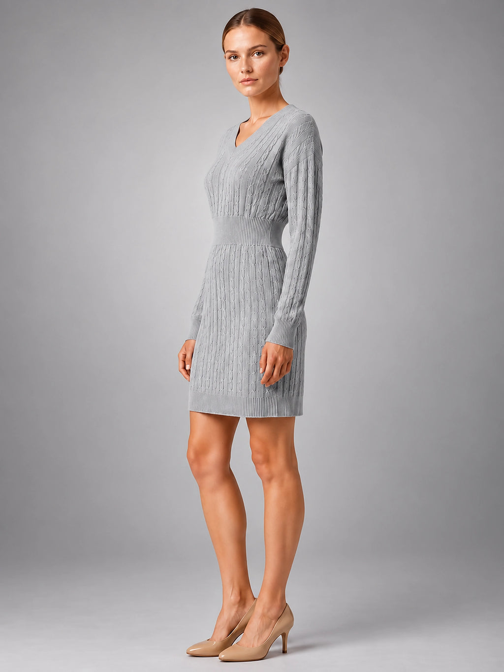 Women's Cable Knit Midi Dress – Shirred Waist V Neckline - Gray