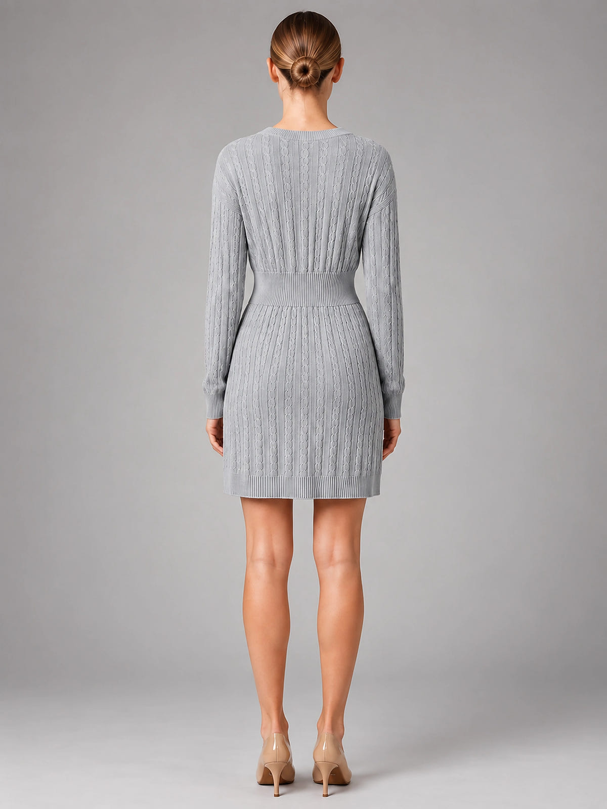 Women's Cable Knit Midi Dress – Shirred Waist V Neckline - Gray