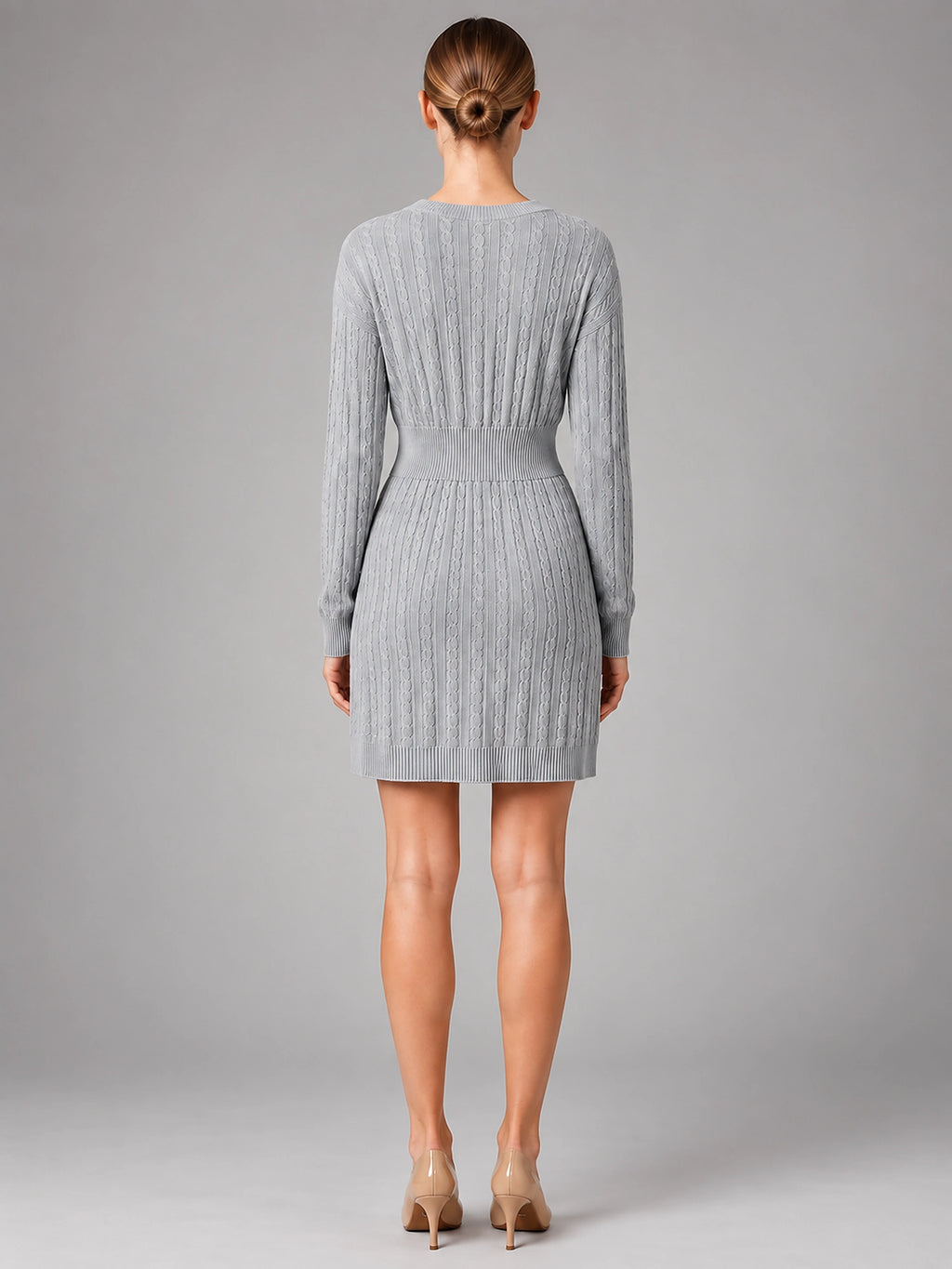Women's Cable Knit Midi Dress – Shirred Waist V Neckline - Gray