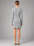 Women's Cable Knit Midi Dress – Shirred Waist V Neckline - Gray