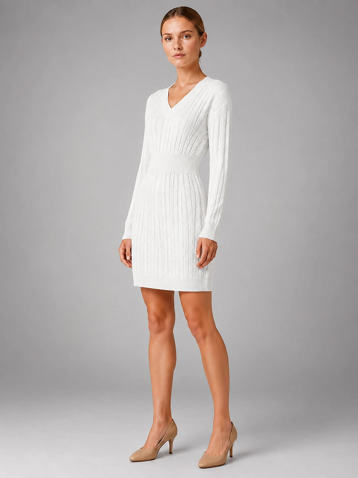 Women's Cable Knit Midi Dress – Shirred Waist V Neckline - White