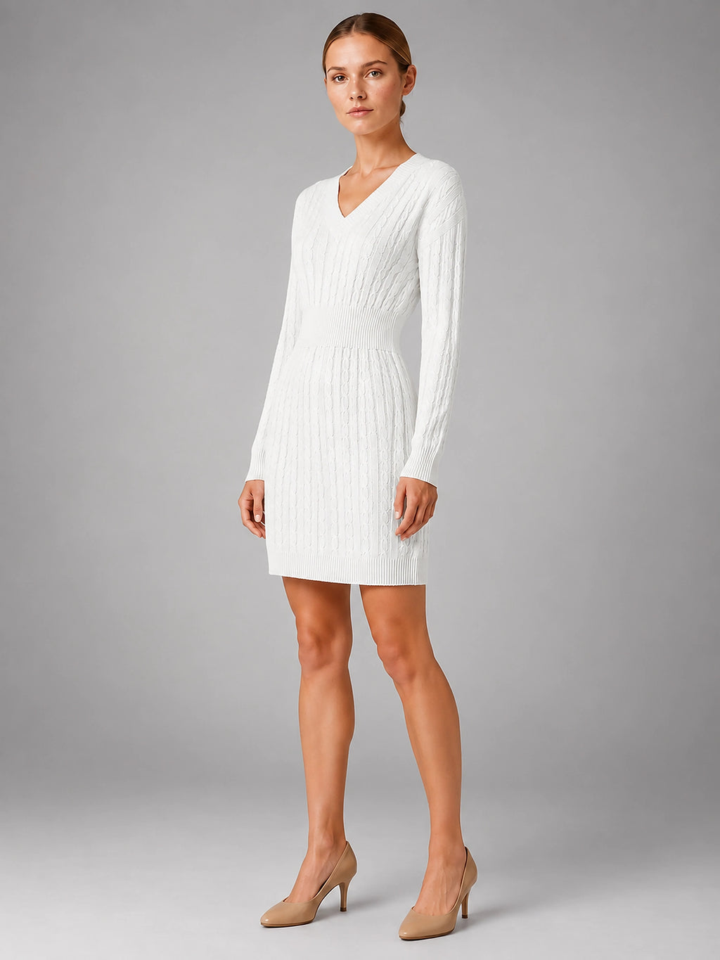 Women's Cable Knit Midi Dress – Shirred Waist V Neckline - White