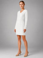 Women's Cable Knit Midi Dress – Shirred Waist V Neckline - White