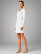Women's Cable Knit Midi Dress – Shirred Waist V Neckline - White