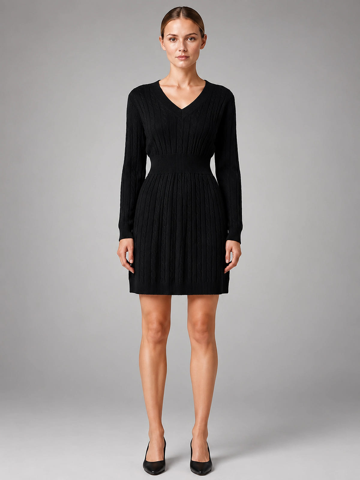 Women's Cable Knit Midi Dress – Shirred Waist V Neckline - Black