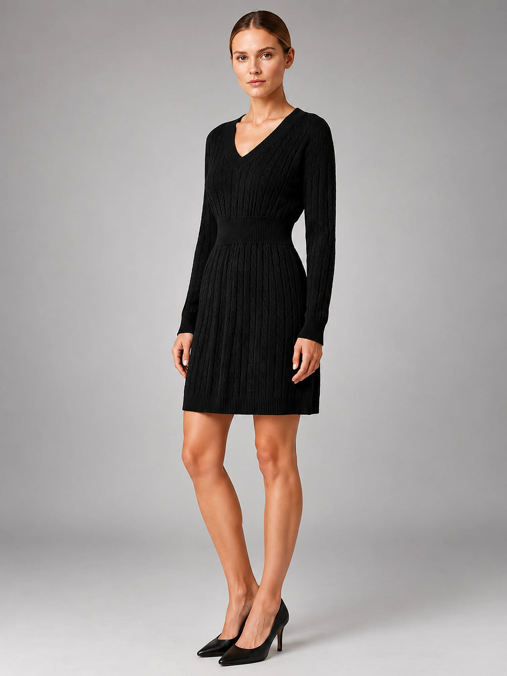 Women's Cable Knit Midi Dress – Shirred Waist V Neckline - Black