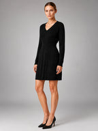 Women's Cable Knit Midi Dress – Shirred Waist V Neckline - Black