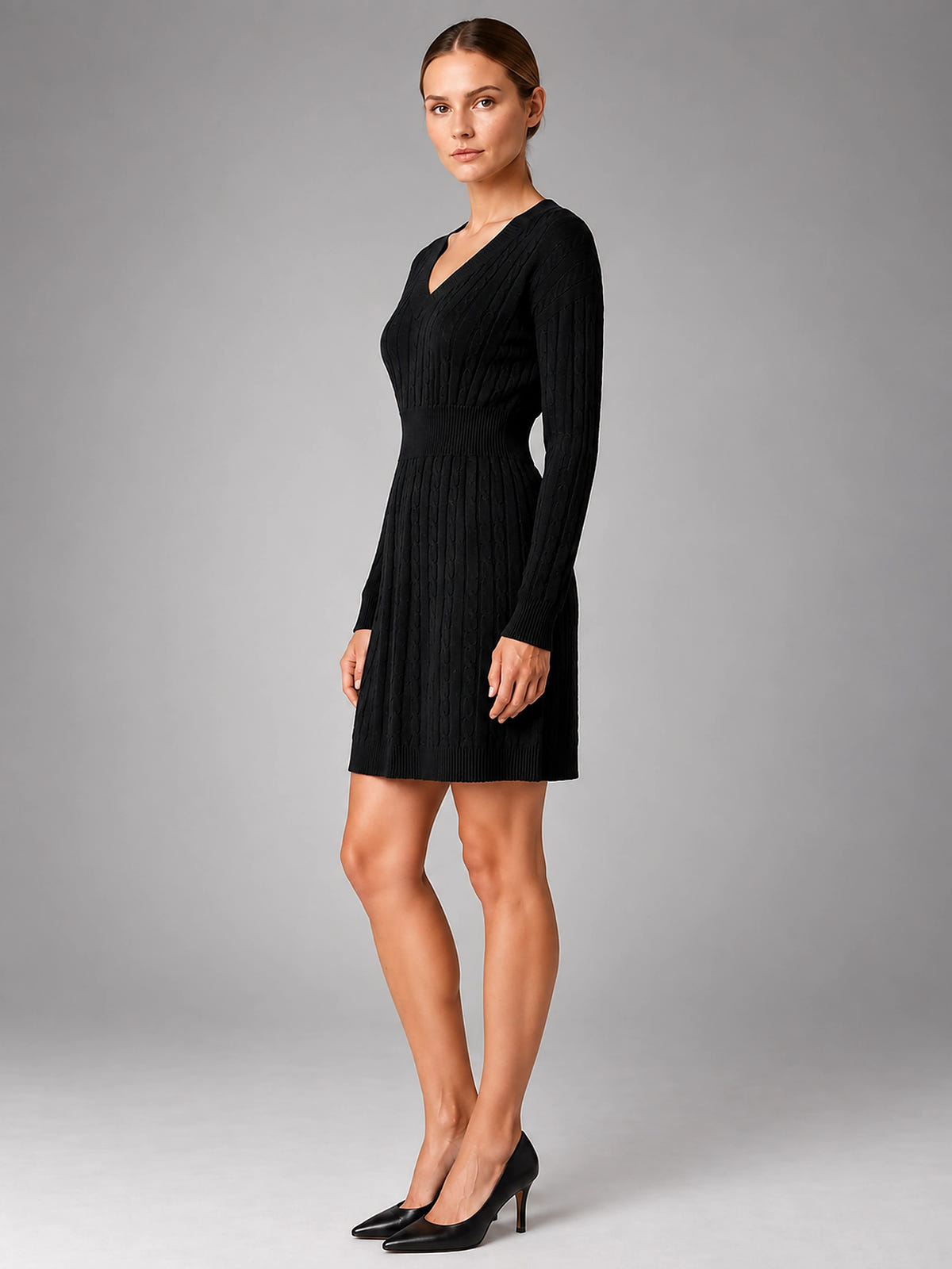 Women's Cable Knit Midi Dress – Shirred Waist V Neckline - Black