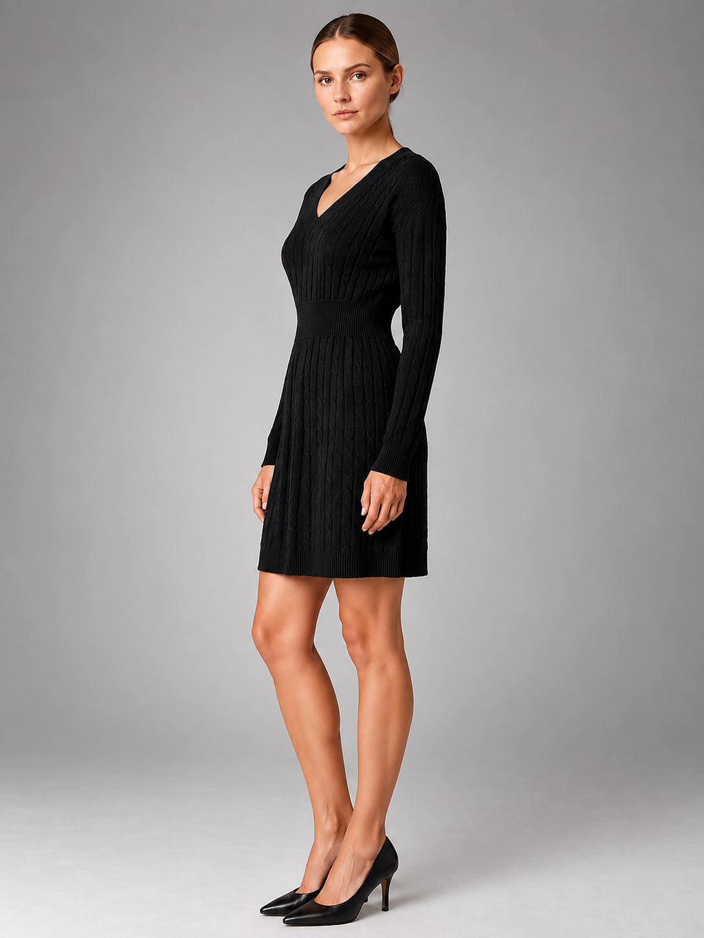 Women's Cable Knit Midi Dress – Shirred Waist V Neckline - Black