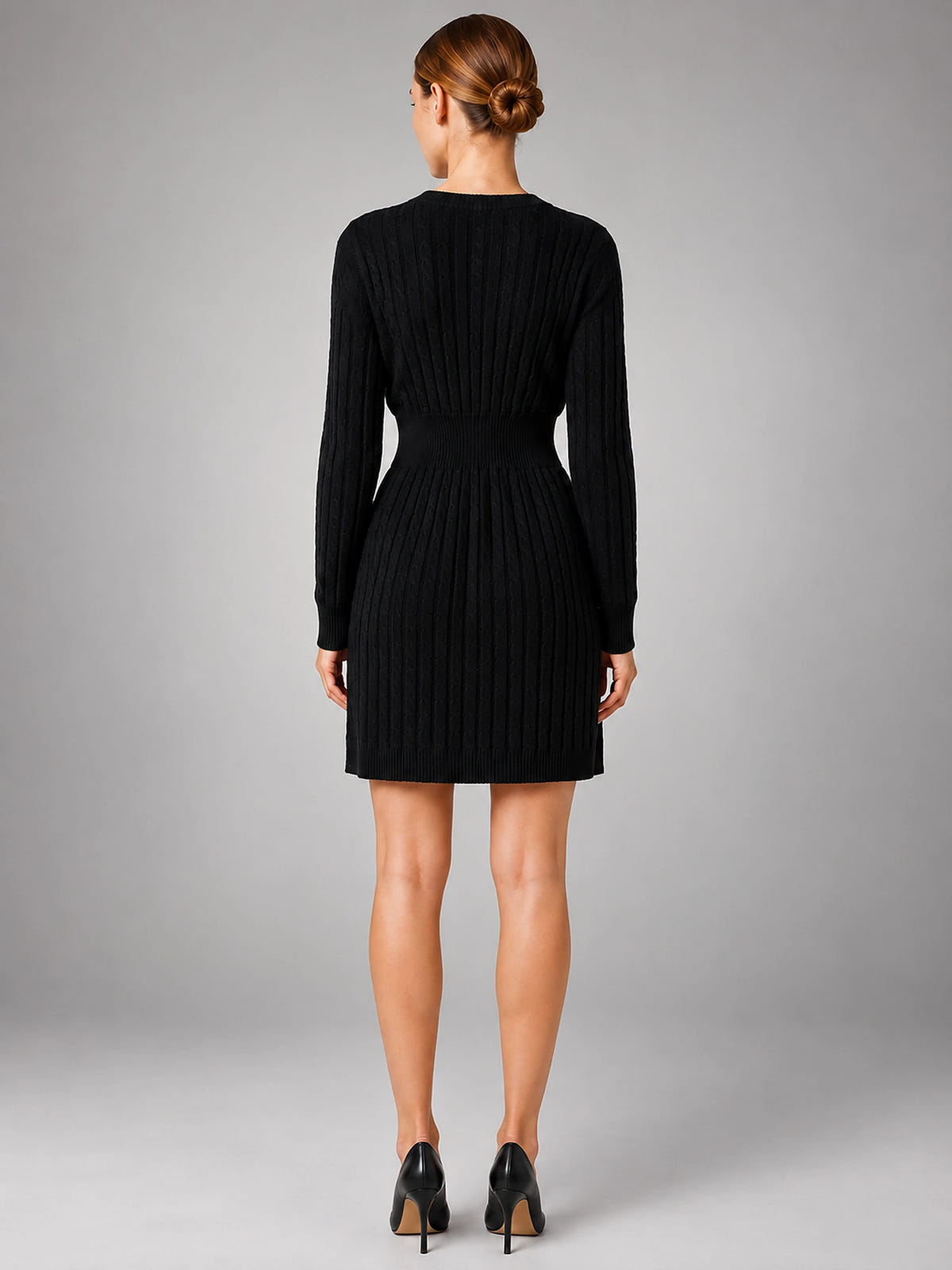 Women's Cable Knit Midi Dress – Shirred Waist V Neckline - Black