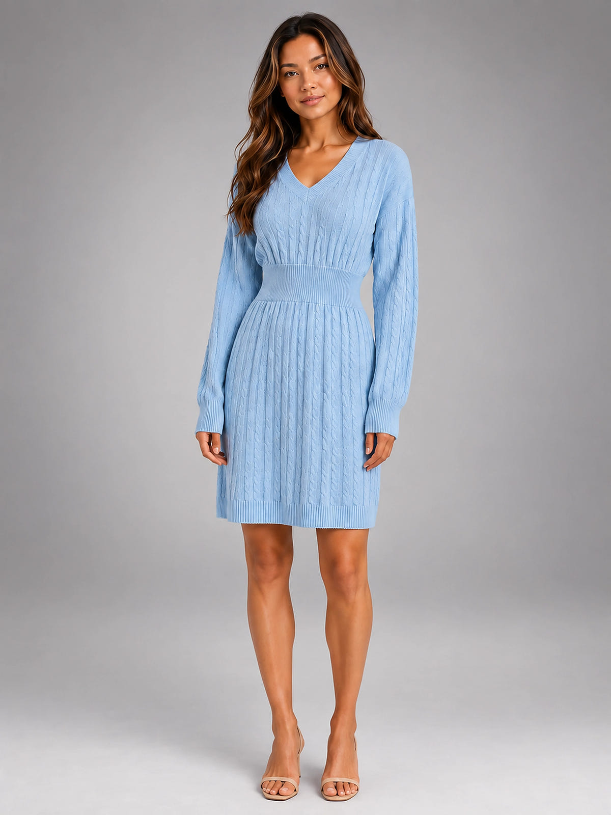 Women's Cable Knit Midi Dress – Shirred Waist V Neckline - Sky Blue