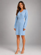 Women's Cable Knit Midi Dress – Shirred Waist V Neckline - Sky Blue