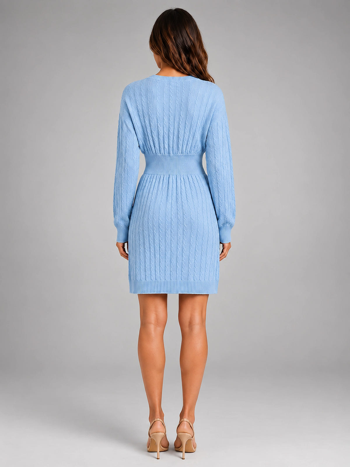 Women's Cable Knit Midi Dress – Shirred Waist V Neckline - Sky Blue