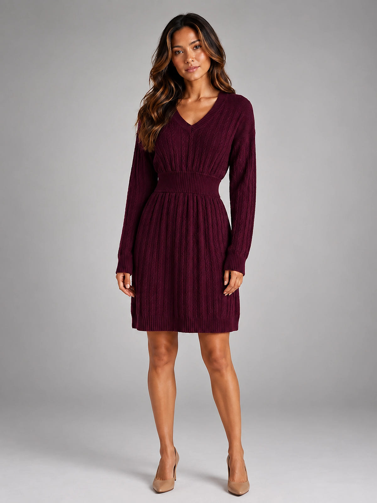 Women's Cable Knit Midi Dress – Shirred Waist V Neckline - Burgundy