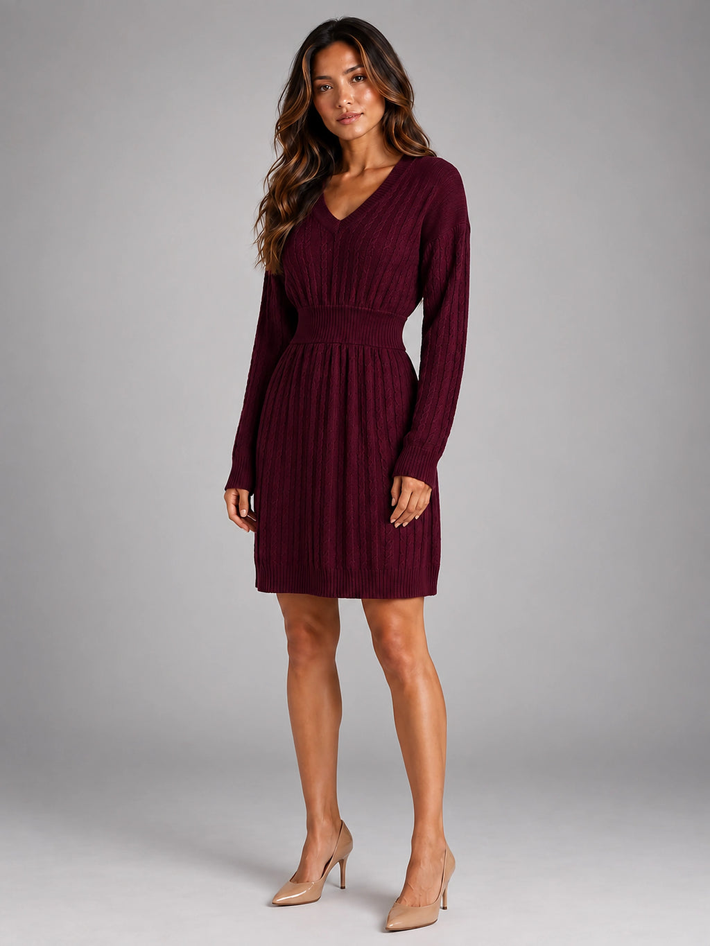 Women's Cable Knit Midi Dress – Shirred Waist V Neckline - Burgundy