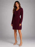 Women's Cable Knit Midi Dress – Shirred Waist V Neckline - Burgundy