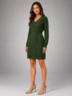 Women's Cable Knit Midi Dress – Shirred Waist V Neckline