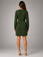 Women's Cable Knit Midi Dress – Shirred Waist V Neckline