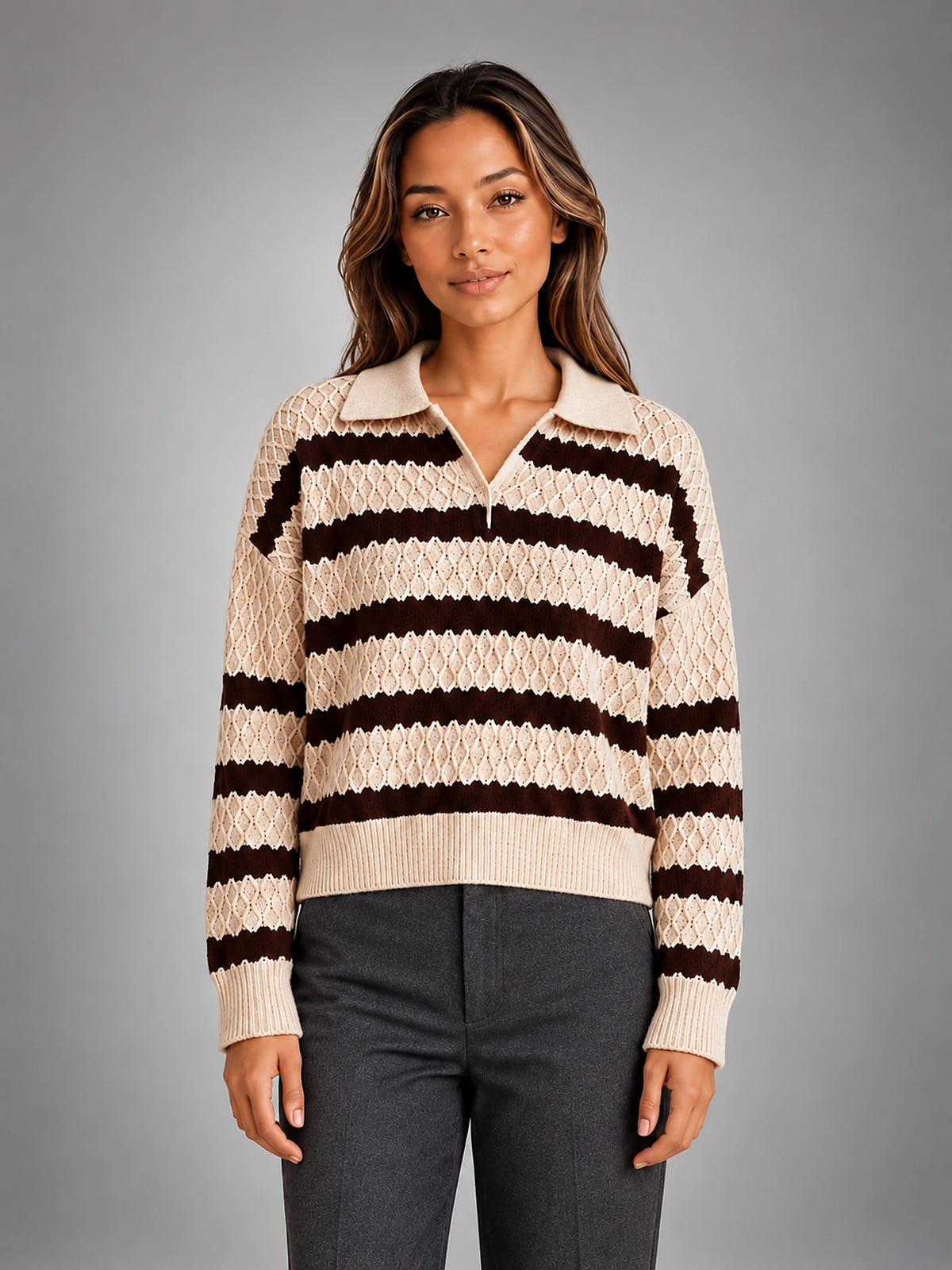 Women's Striped Polo Sweater – Textured Knit - Cream