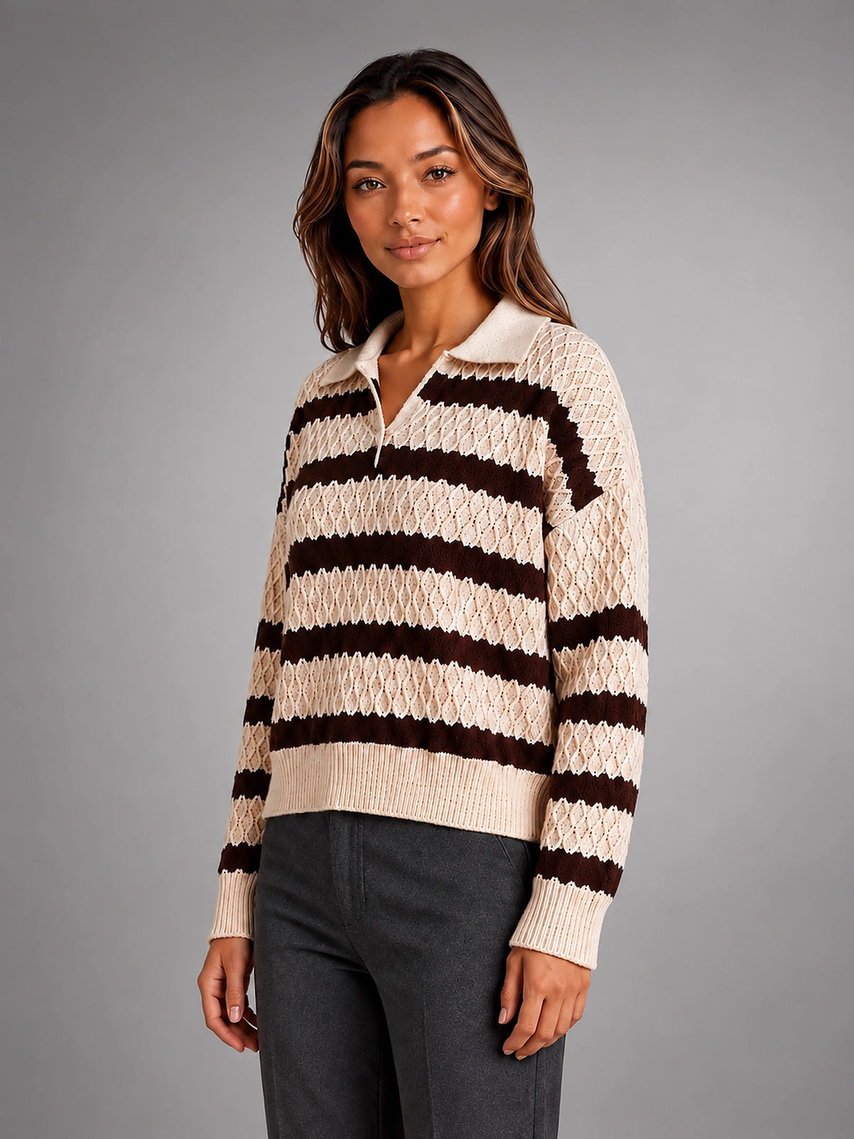 Women's Striped Polo Sweater – Textured Knit - Cream