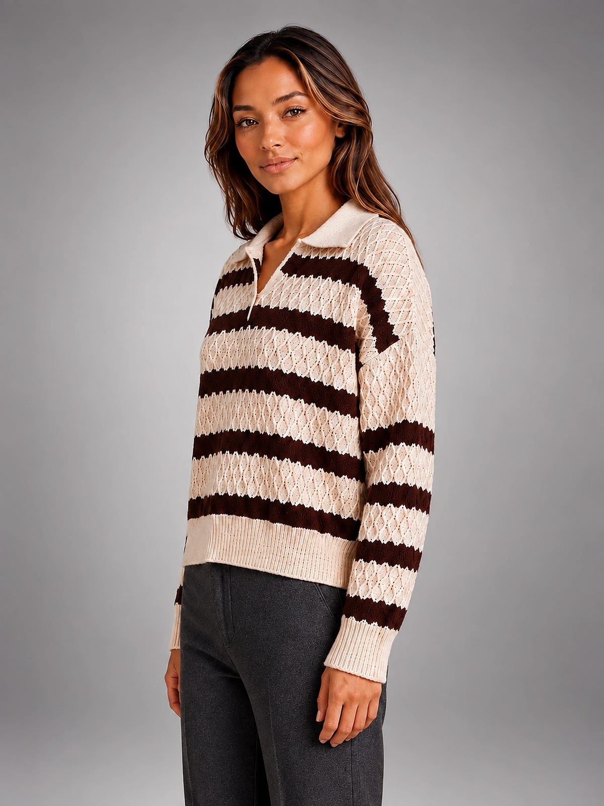 Women's Striped Polo Sweater – Textured Knit - Cream