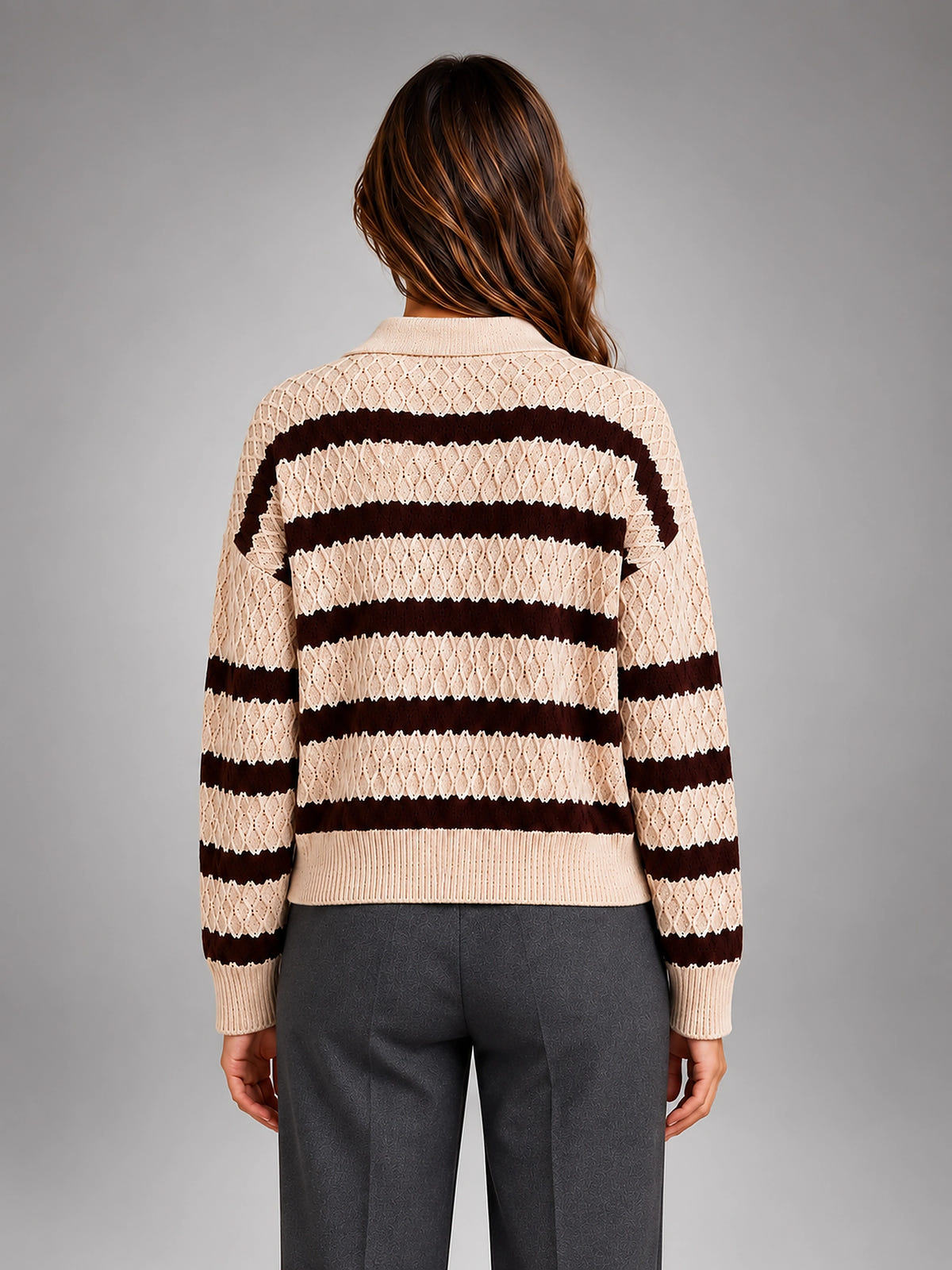 Women's Striped Polo Sweater – Textured Knit - Cream