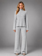 Women's Ribbed Lounge Set – Turtleneck and Wide Leg - Gray