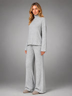 Women's Ribbed Lounge Set – Turtleneck and Wide Leg - Gray