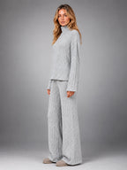 Women's Ribbed Lounge Set – Turtleneck and Wide Leg - Gray