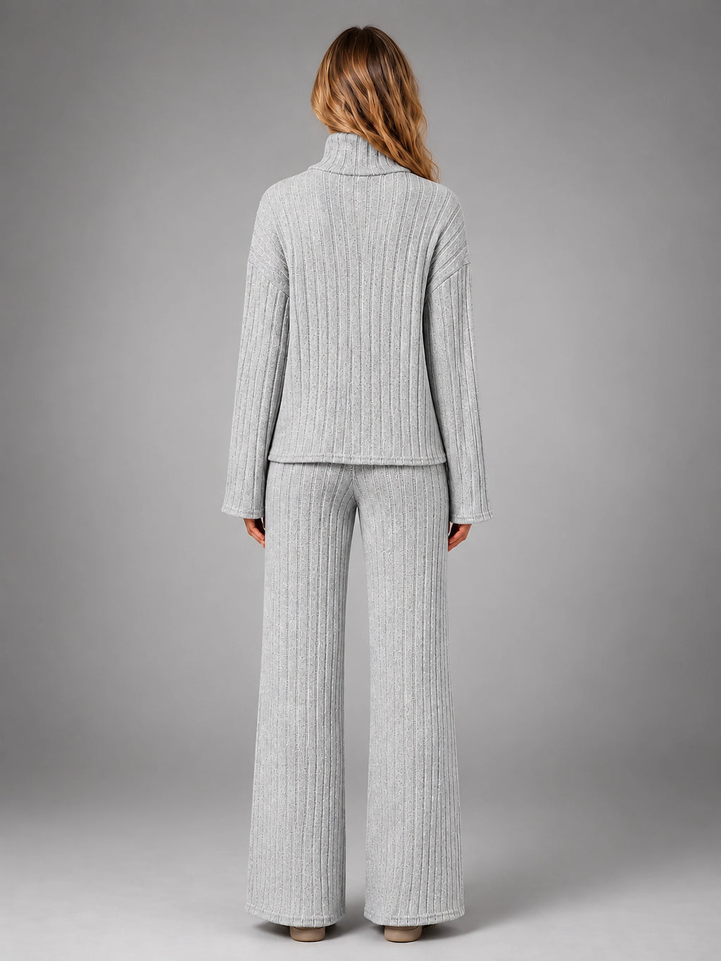 Women's Ribbed Lounge Set – Turtleneck and Wide Leg - Gray