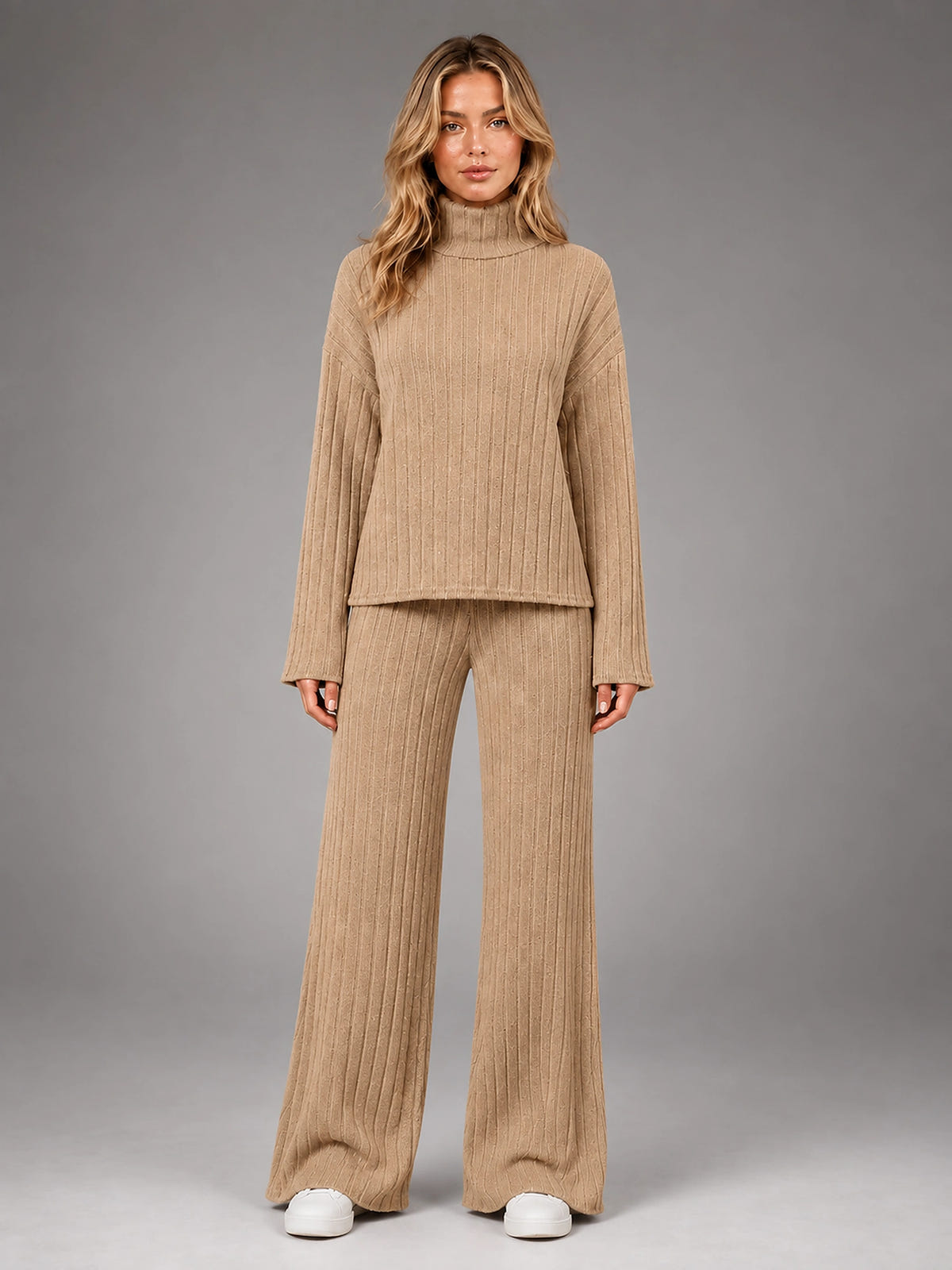 Women's Ribbed Lounge Set – Turtleneck and Wide Leg - Beige