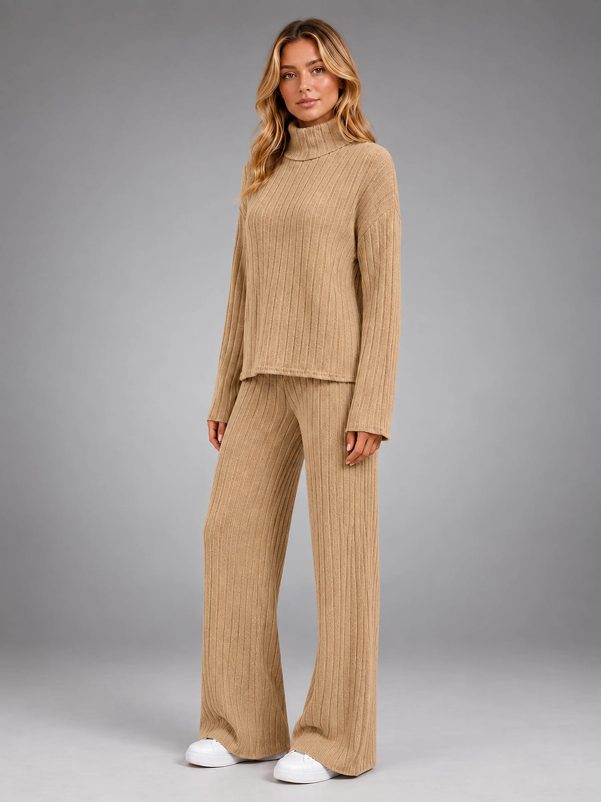 Women's Ribbed Lounge Set – Turtleneck and Wide Leg - Beige