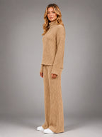 Women's Ribbed Lounge Set – Turtleneck and Wide Leg - Beige