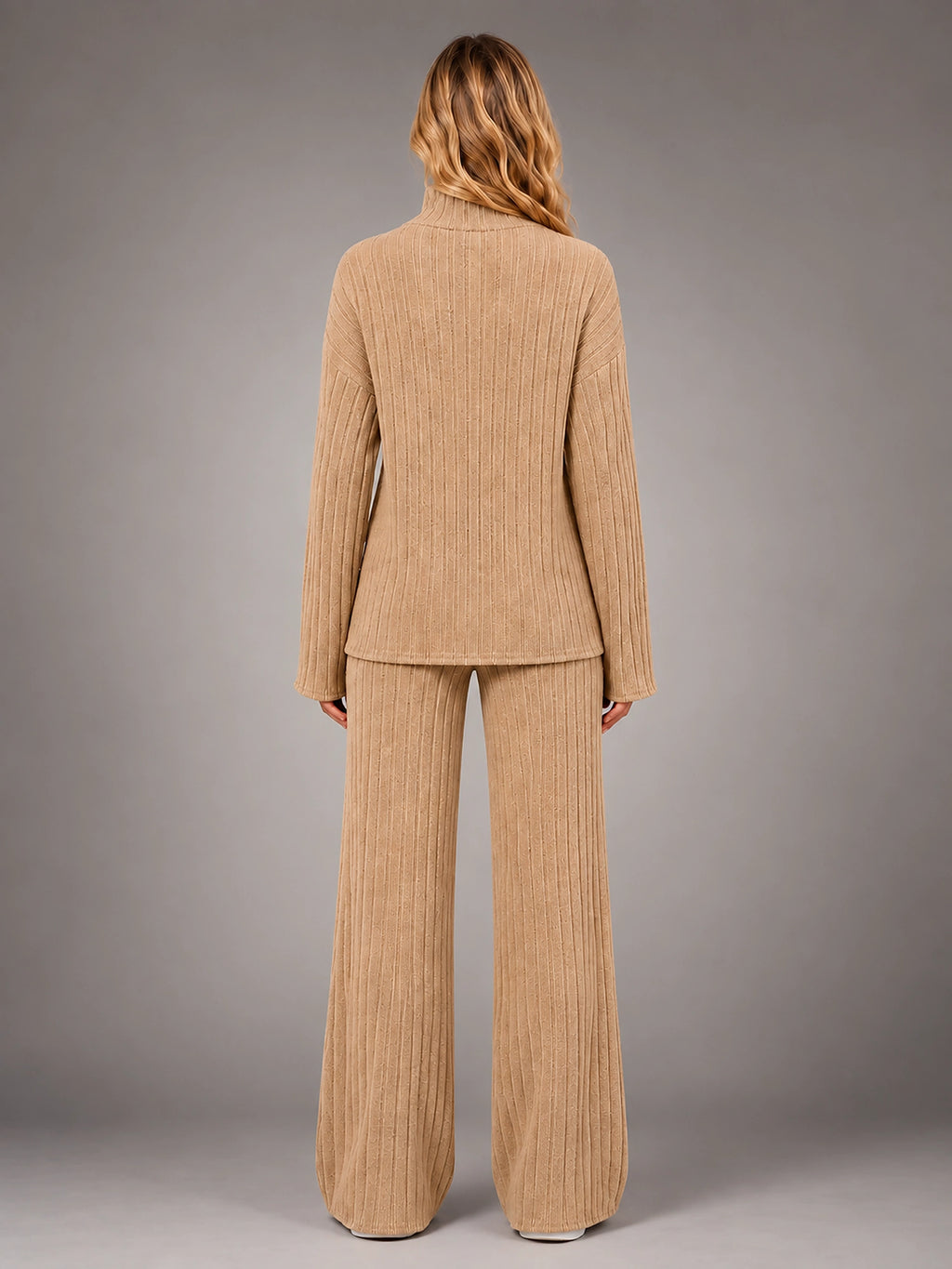 Women's Ribbed Lounge Set – Turtleneck and Wide Leg - Beige