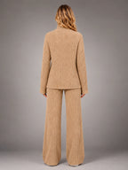 Women's Ribbed Lounge Set – Turtleneck and Wide Leg - Beige